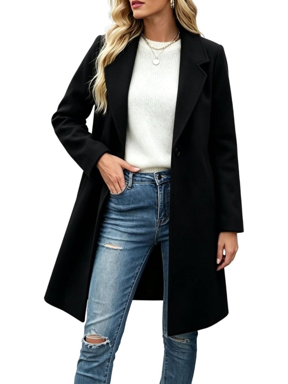 Women's Black Chic Wool Blend Double-Breasted Mid-Long Notch Trench Pea Coat